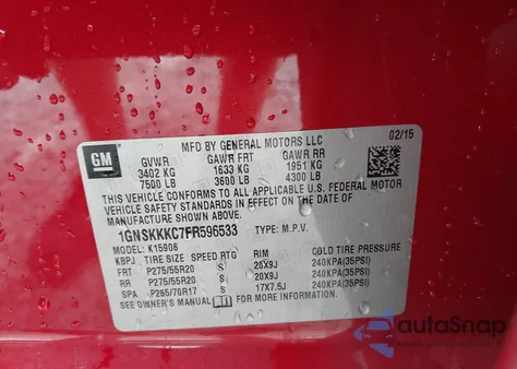 2015 Chevrolet Suburban 1500 Ltz из США, поврежденный, VIN 1GNSKKKC7FR596533